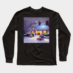 Magical Fantasy Cottage with Lights In A Snowy Scene, Scenery Nature Long Sleeve T-Shirt